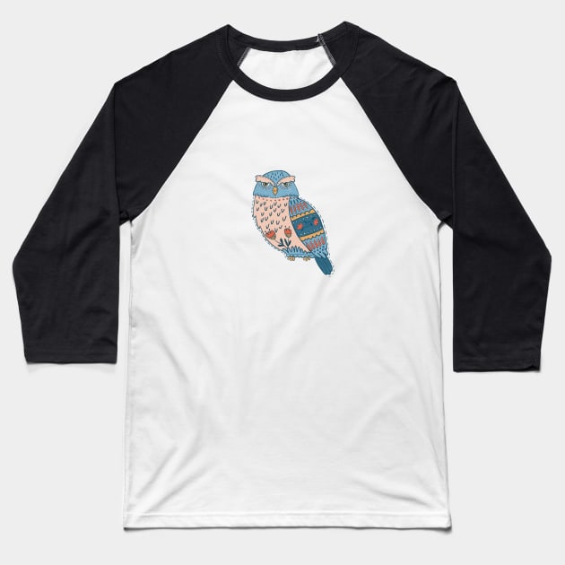 Folk Art Owl Baseball T-Shirt by latheandquill